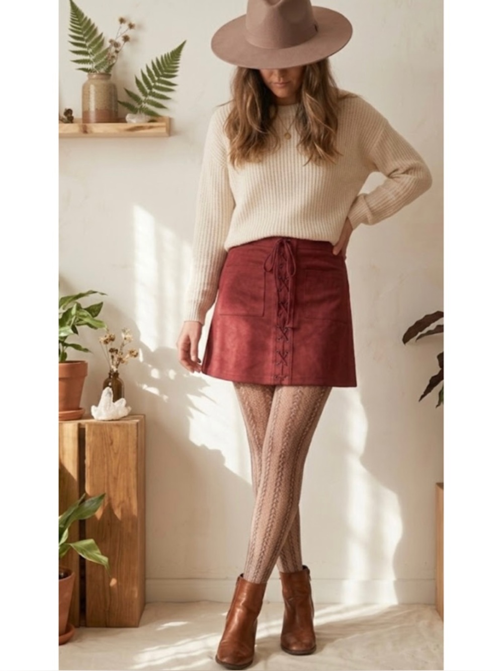 B. Original Boho Lace Up Faux Suede High Rise Mini Skirt Brick Red Festival